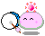 A 4-frame pixel art animation of a pink round character with closed eyes and a small plus symbol, holding a white drum-like object with blue accents, accompanied by floating pink gem effects that change across frames.