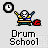 Pixel art icon of a cartoon character at a desk with drumsticks and a red drum, labeled 'Drum School' beneath, with a clock symbol in the top-left corner.