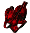 Red heart-shaped icon with white stylized 'M' and black accents, animated through multiple rotational states against gray background.