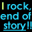 A static contact sheet of 17 frames showing repeated text animation with rainbow-colored 'I rock' and blue underlined 'end of end of story!!' on a black background, with the bottom-right frame partially obscured by gray transparency.