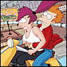 Two cartoon characters ride a yellow scooter; the front character has magenta hair and wears a white tank top, while the back character has orange hair and a red shirt.