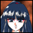 Pixelated anime-style character with long dark blue hair and white streaks, red eyes, and a white mask covering the lower face, set against a brown background.