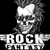 Pixelated grayscale image of a stylized skull with spiky hair, wearing sunglasses and a wide grin, positioned above bold text reading "ROCK" on wings.