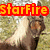 A static image of a horse with text overlays in red and orange pixelated fonts against a grassy background.