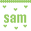Green pixelated text 'Sam' surrounded by six green heart shapes on a white background with a green top border.