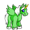 Green cartoon unicorn with yellow horn, white mane and tail, blue eyes, wings, and white hooves in various walking poses.