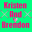 Pixelated text reads 'Kristen And Brendon' in bright pink on a green checkered background with two X-shaped pixel patterns and one heart shape.