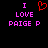 Pixelated text and heart symbol on black background, with one version showing a red pixelated heart above 'I LOVE PAIGE P' in pink.
