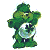 Green pixelated character with large hat and circular emblem on chest, standing against white background.