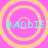 Four identical circular patterns with concentric rings on a pink background, each containing the text 'MADDIE' in cyan pixelated letters.