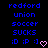 Two identical pixelated text displays side-by-side with blue text on black background, each showing 'redford', 'union', 'soccer', 'SUCKS', ':D :P :]' followed by a pink heart symbol.