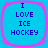 Four identical blue squares with pink borders display the text "I LOVE ICE HOCKEY" in dark blue pixelated font on a solid blue background.