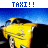 Pixelated yellow taxi with blue sky background, displaying 'TAXI!!' and 'GET ME OUT.' text above.