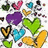 A static image of multiple colorful heart-shaped icons in various sizes and colors on a white background.