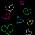 Animated heart shapes in multiple colors float against a black background with one gray rectangle visible.