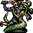 Pixel art of a green-skinned, snake-haired figure with multiple arms holding weapons against a gray background.