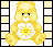 Pixelated yellow bear with black eyes and white snout sits against background, chest displays sun symbol