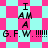 Pixelated text reads "I AM A G.F.W. !!!!!" on a checkered background with alternating cyan and pink squares.