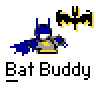 Pixel art contact sheet showing two frames of a Batman-themed animated buddy icon with text elements and bat symbol variations.