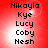 Red background with four identical displaying black pixelated text listing names in vertical order