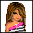 Pixelated icon of a woman with brown hair and blue eyes wearing a pink-and-white striped top, paired with multiple text-based variations showing different body parts.