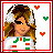 A pixel art contact sheet with two frames: left frame shows a cartoon woman with brown hair, white headband, and green-red striped shirt; right frame displays red text "Merry X-Mas" on white background.