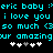 Pixelated cyan text on black background with white and gray heart symbols, displaying affectionate phrases.