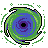 Pixelated circular icon with concentric rings of green, blue, and purple hues surrounding a black center, surrounded by scattered green pixel clusters on gray background.