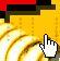 Pixelated hand cursor icon on golden coin background with red and black top border, showing three sequential states of finger extension.