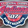 A static digital badge featuring 'AL Central Champs' text above 'Indians' in red script, '07' in white numerals, and 'POSTSEASON' in white text on a blue background.