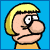 Pixelated cartoon character with blonde hair and orange shirt displays three sequential facial expressions against blue background.