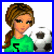 A pixelated cartoon-style buddy icon featuring a female character in green sports jersey holding a soccer ball on the left, with three lines of stylized text reading "godie", "chik", and "Sarah" on the right against white background.