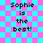 Pixelated text 'Sophie is the best!' on a cyan and pink checkered background with a faint overlay