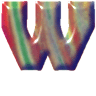 A single stylized letter W with a glossy, multicolored gradient surface featuring red, green, blue, and yellow hues on a transparent background.