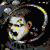 Pixelated character with wide eyes and open mouth, surrounded by abstract shapes on black background.