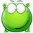 Green pixelated frog-like character with large white eyes and a smile, next to green text on dark blue background.