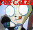 Animated contact sheet of a cartoon character with large eyes and orange nose holding black microphone, repeated across 7 frames with varying mouth expressions and red "CUPCAKES" text overlay.