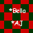 Red and green checkered background with white text *Bella and *AJ in pixelated font, two distinct patterns visible.
