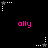 Pixelated pink text 'ally' appears in three on a black background, surrounded by white and gray star-shaped cursor icons with dotted lines
