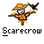 Pixelated scarecrow icon with orange shirt, straw hat, and crow perched on arm against gray background.