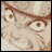 Pixelated close-up of a character's face showing one eye, eyebrow, and part of the nose with brown hair strands against a light beige background.
