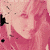 A pixelated image of a person with light brown hair in two overlapping poses, one showing the face and upper body with pink clothing and white text on the right side.