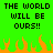 Green background with black pixelated text reading 'THE WORLD WILL BE OURS!!' repeated twice, orange flame shapes at the bottom.