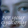 A four- displays close-ups of characters with overlaid text reading "For your eyes only," "you can see me," and "through the night." The show different characters with light-colored hair and blue eyes against dark backgrounds