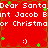 Red background with white text reading 'Dear Santa, ant Jacob Bint Jacob B or Christmaor Christma' and two smiling faces surrounded by green stars.