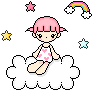 Pixel art of a pink-haired girl in a white dress with hearts sitting on clouds, surrounded by stars and rainbows.