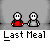 Pixel art animation of two figures with red and gray clothing, showing sequential actions including holding a green object, eating, and red particle effects.