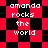Pixelated red and black checkered background with white text reading "amanda rocks the world" in two distinct layouts.