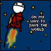 A cartoon character in red clothing flies through a starry blue background with text reading "ON MY WAY TO SAVE THE WORLD".