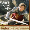 A pixelated image of a person in medieval-style clothing holding a sword, with text reading "Won't give up..." and "Peter Peversie>>" at the top and bottom.